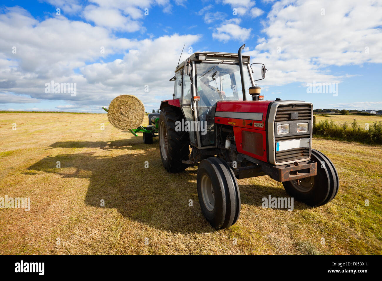 Tracteur énorme recueillir un rouleau de foin dans le champ à la belle journée ensoleillée bleu Banque D'Images