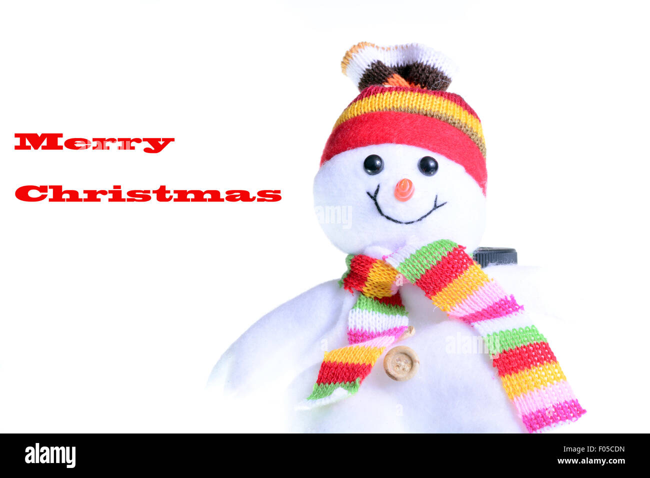 Happy snowman isolated on white with copy space Banque D'Images