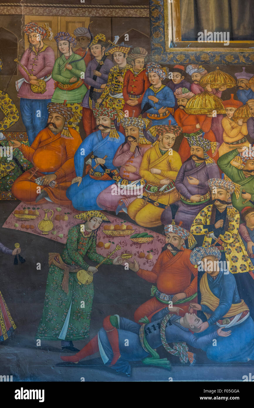 Détail de la peinture de Shah Abbas I et vali Muhammad Khan, Palais Chehel Sutun, Isfahan, Iran Banque D'Images