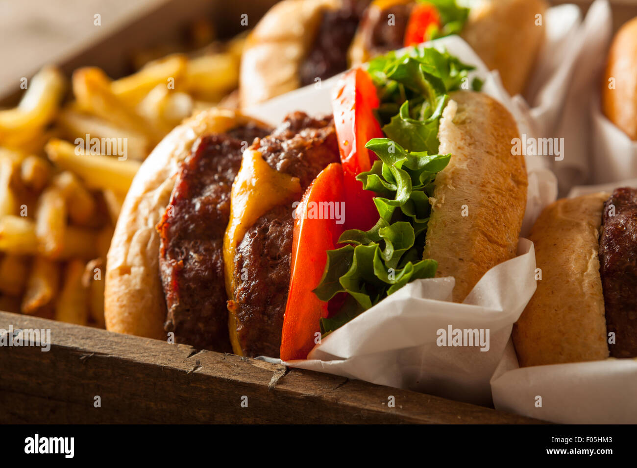 Les Cheeseburgers doubles et frites dans un bac Banque D'Images