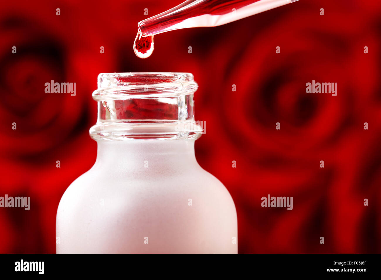 Flacon compte-gouttes avec rose essence plus belles roses rouges Banque D'Images