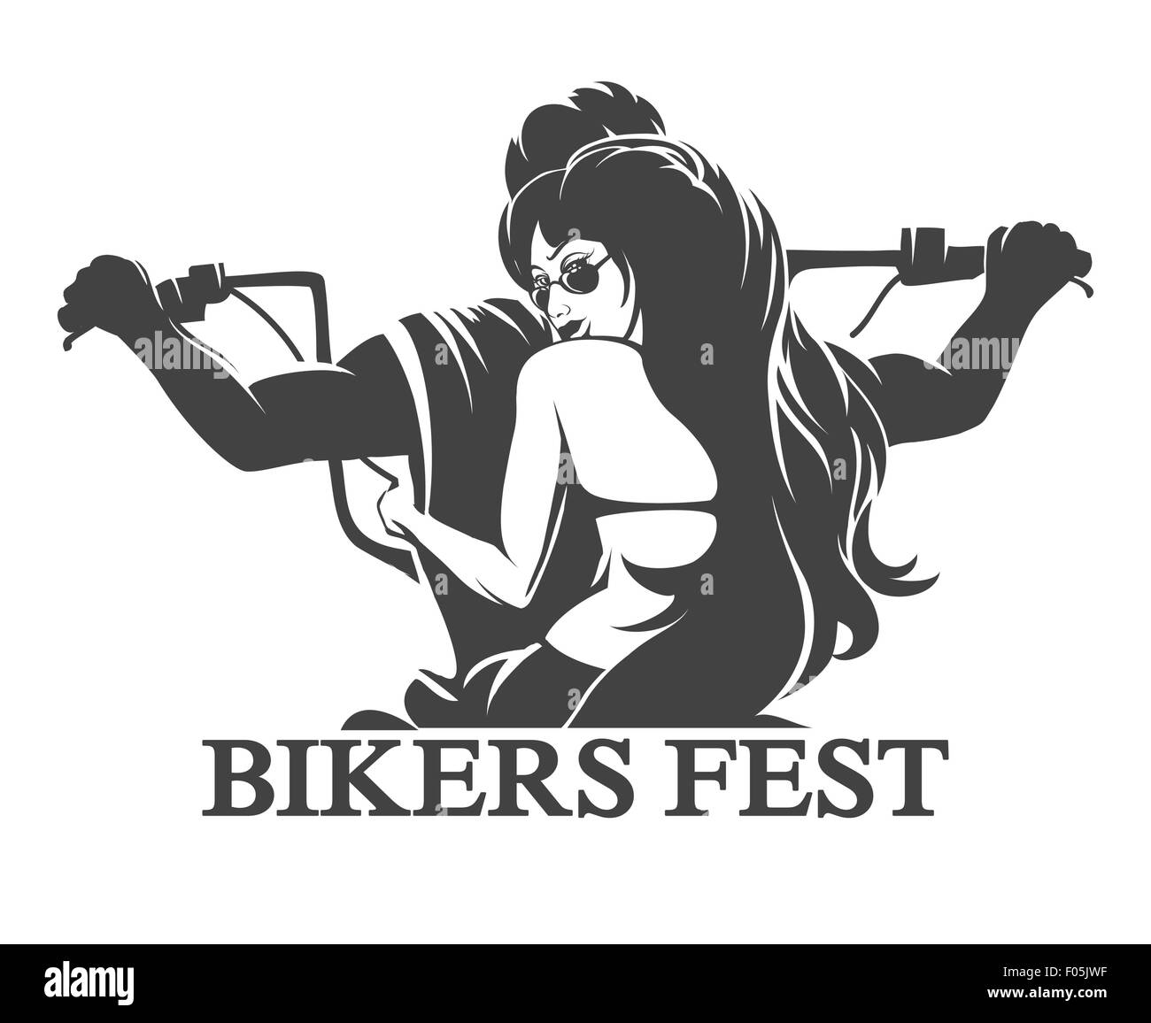 L'emblème ou le label de Bikers Festival. Jeune homme et femme conduire une motocyclette. Seulement libre police utilisée. Isolé sur fond blanc. Illustration de Vecteur