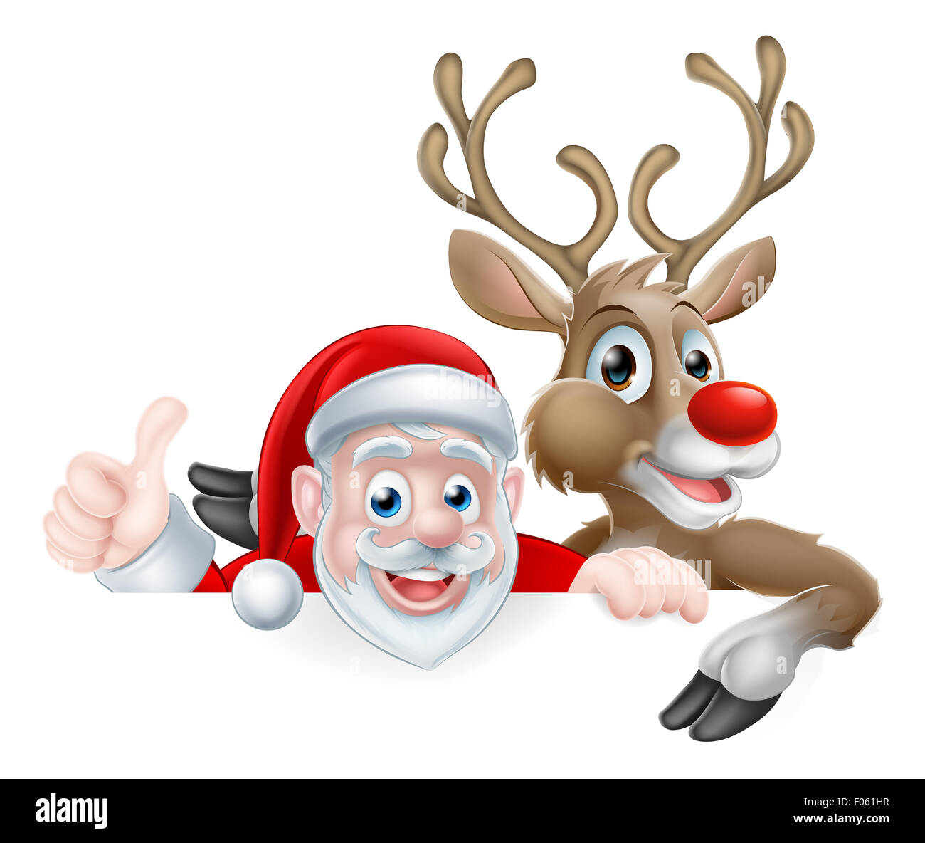 Illustration de Noël de cartoon Santa et le renne d'oeil au-dessus de signer et de donner un coup de pouce Banque D'Images