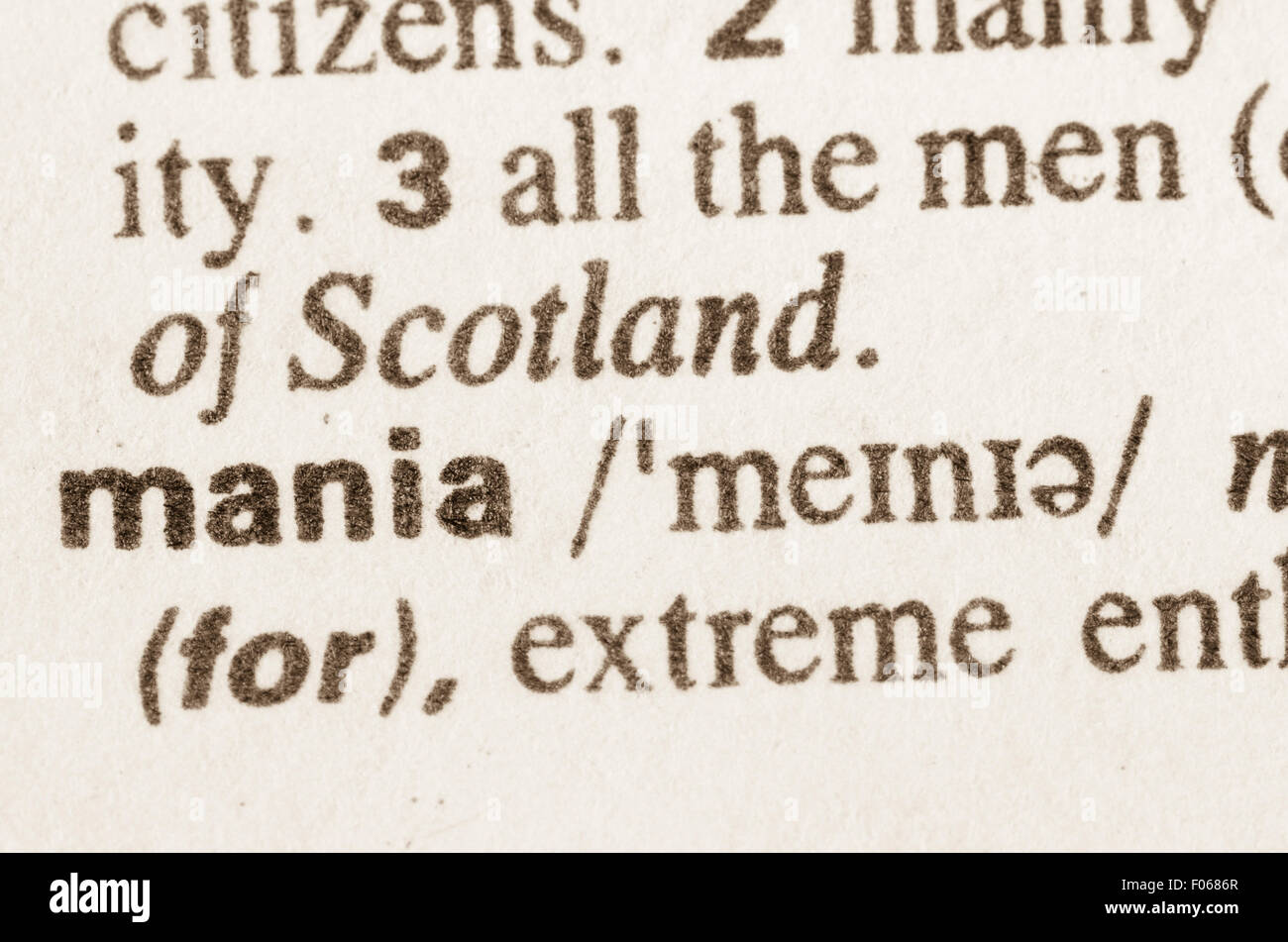 Définition du mot mania dans le dictionnaire Banque D'Images