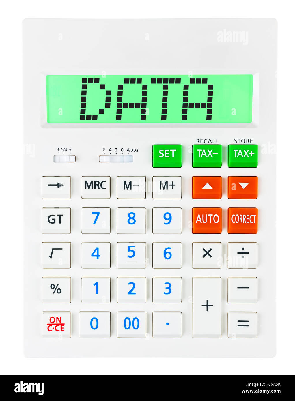 Les données sur l'écran de la calculatrice avec isolé sur fond blanc Banque D'Images