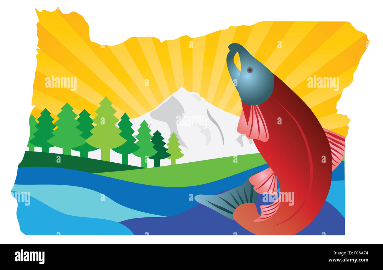 État de l'Oregon paysage pittoresque avec Mount Hood Sapins de Douglas le saumon coho dans Map illustration couleur de contour Banque D'Images
