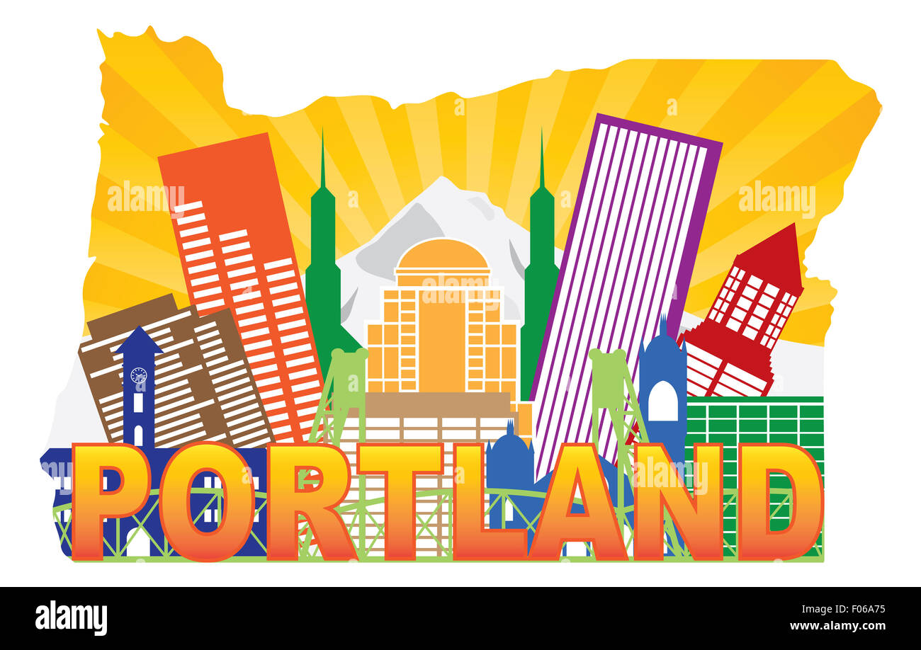 Portland Oregon City Skyline avec Mount Hood Hawthorne Bridge à la carte illustration couleur de contour Banque D'Images