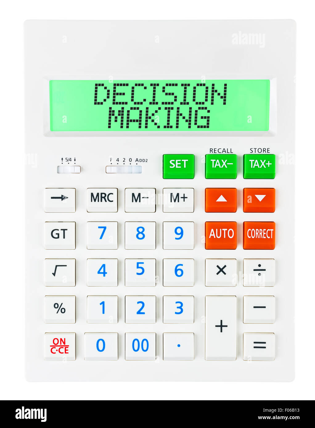 Calculatrice avec la prise de décisions sur l'affichage isolé sur fond blanc Banque D'Images
