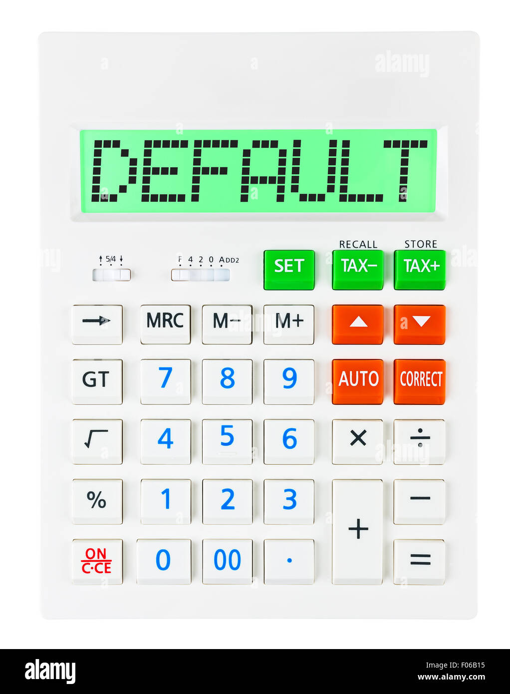 Calculatrice avec affichage par défaut sur isolé sur fond blanc Banque D'Images