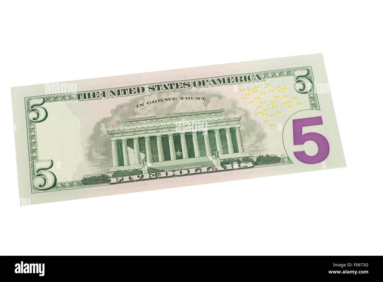 Cinq américains us dollar note sur un fond blanc Banque D'Images