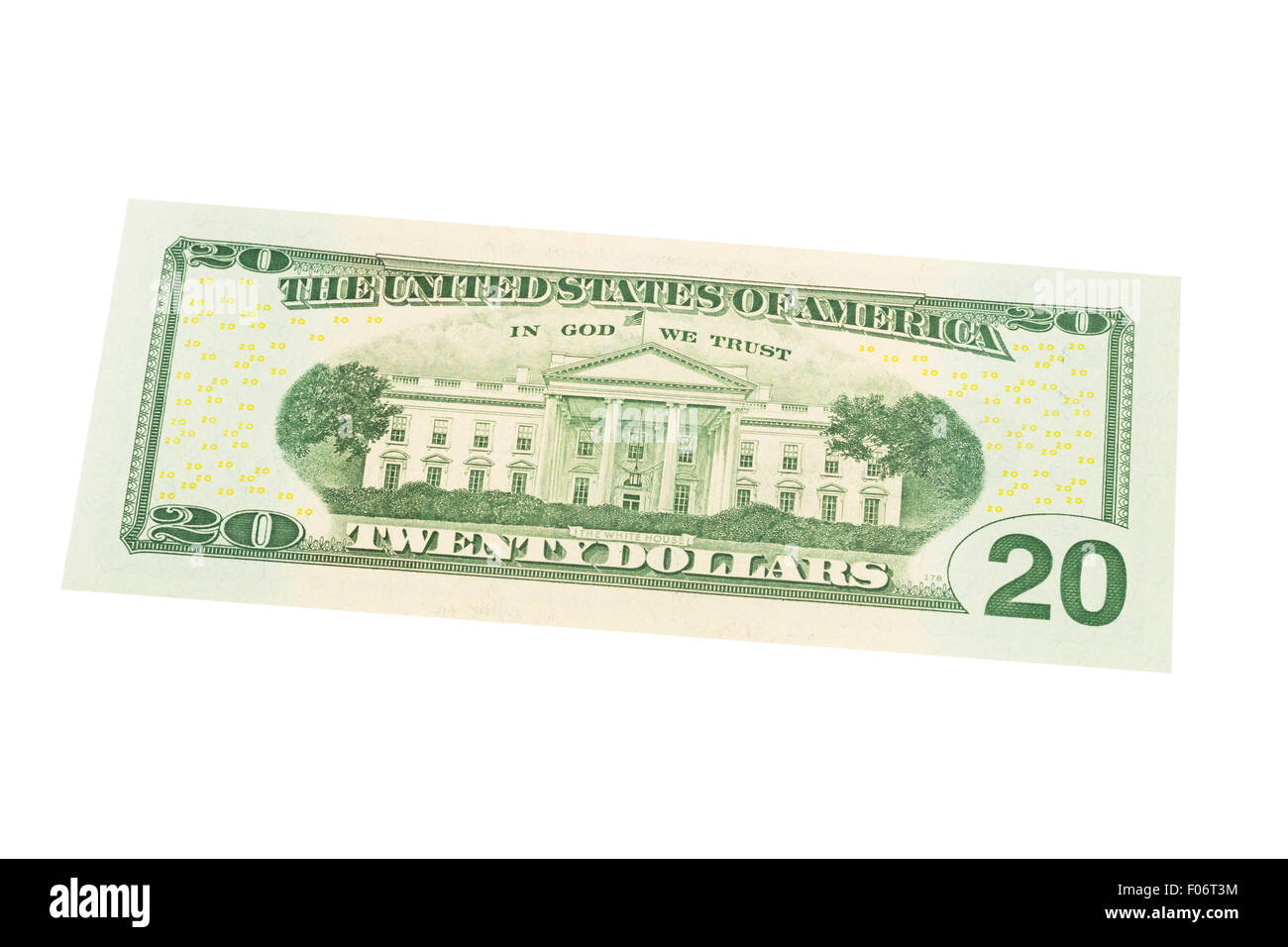 Vingt américains us dollar note sur un fond blanc Banque D'Images