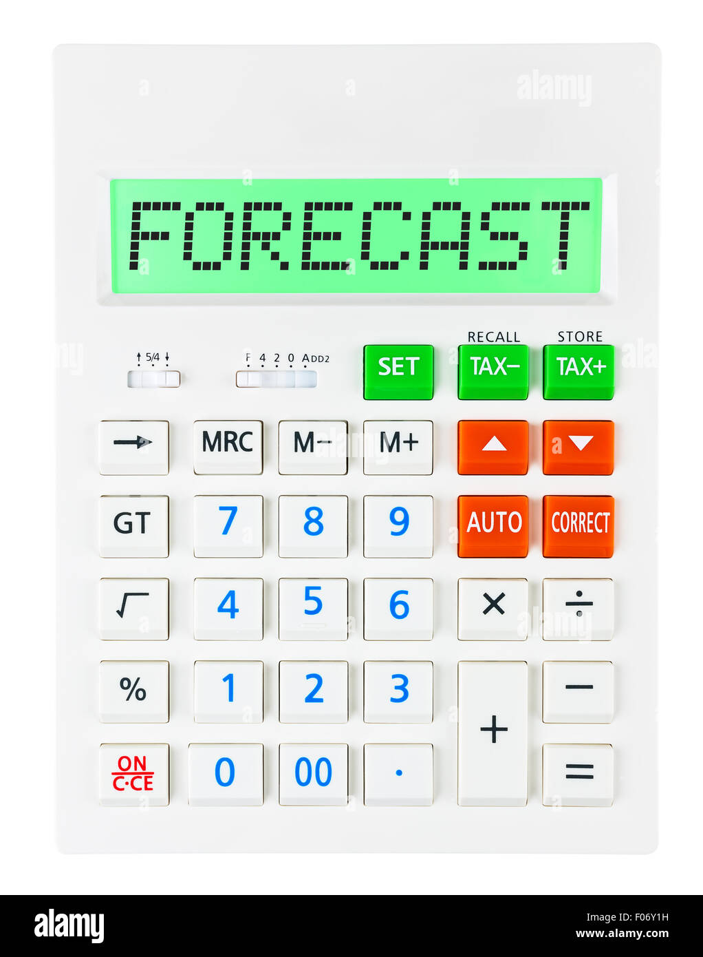 Prévisions calculatrice avec affichage sur isolé sur fond blanc Banque D'Images