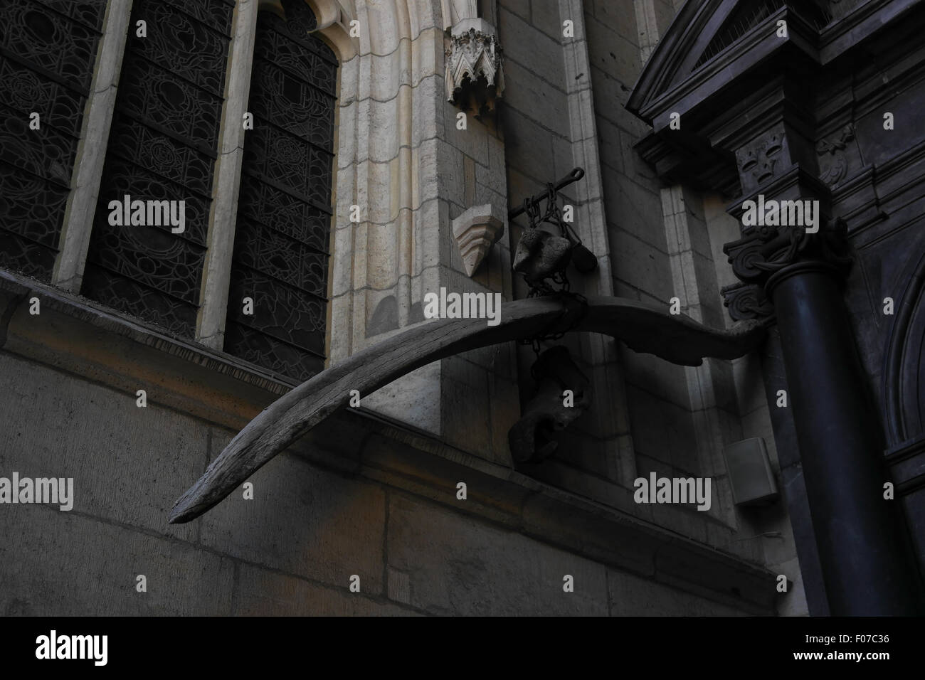 Les os fossilisés (folklore polonais 'Dragon Bones') dans les chaînes suspendues à l'entrée principale de la cathédrale du Wawel, à Cracovie, Pologne Banque D'Images