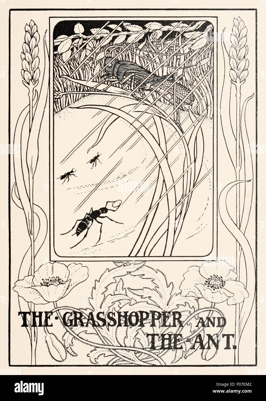 "La sauterelle et la Fourmi' fable d'Ésope (vers 600 avant JC). Alors qu'une fourmi sauterelle frolicked nourriture entreposée pour l'hiver. Quand vint l'hiver le Grasshopper a souffert de la faim. Moral : préparer l'avenir. Illustration par Percy J. Billinghurst. Voir la description pour plus d'informations. Banque D'Images