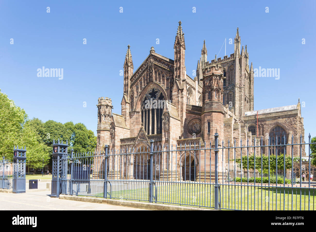 L'avant de l'ouest de la cathédrale de Hereford, Herefordshire, Angleterre, RU Banque D'Images