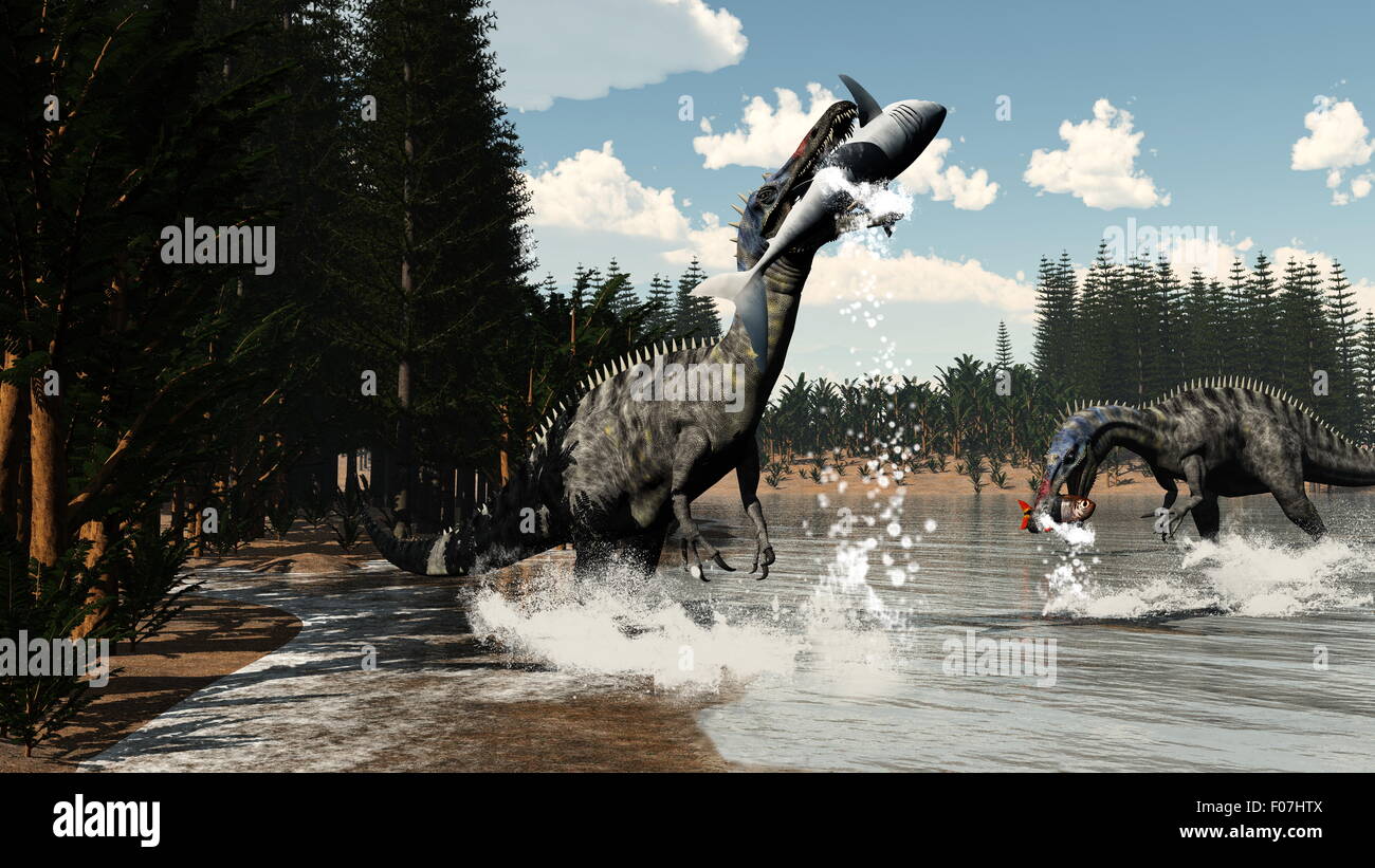 Deux dinosaures suchomimus et poissons de pêche à côté de requins et calamite pachypteris plantes par jour - 3D render Banque D'Images