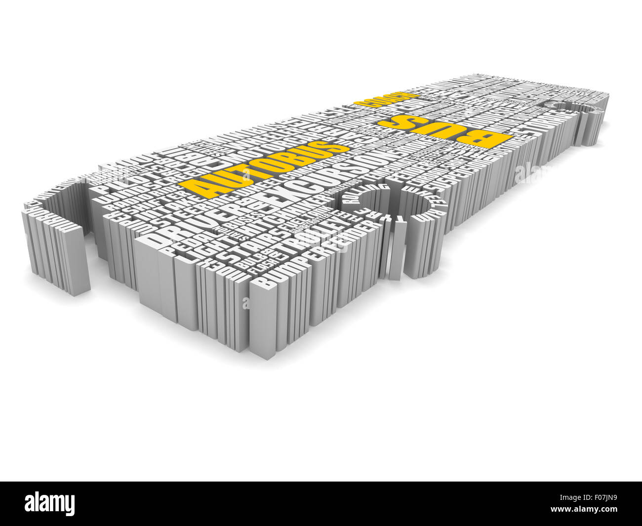 3d groupe de mots façonner un autobus avec un texte blanc orange vue du côté de l'antenne Banque D'Images