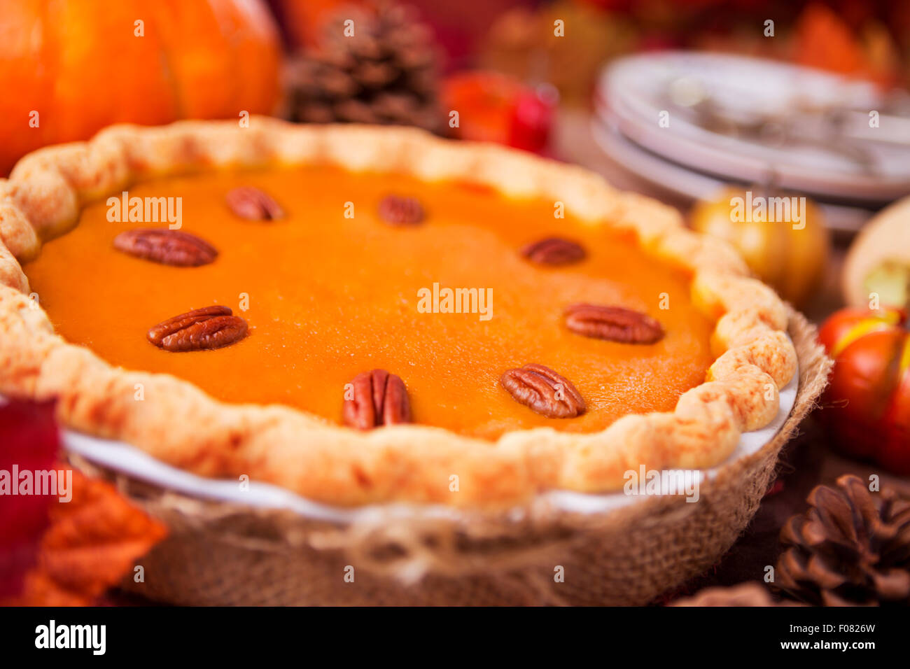Tarte à la citrouille faits maison sur une table rustique avec des décorations d'automne. Banque D'Images