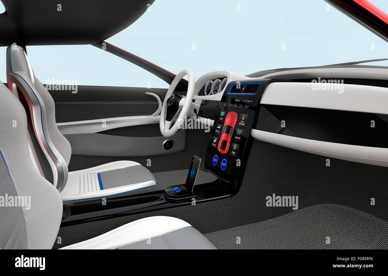 Le tableau de bord d'un véhicule électrique futuriste et design d'intérieur. Le rendu 3D image avec chemin de détourage. Banque D'Images