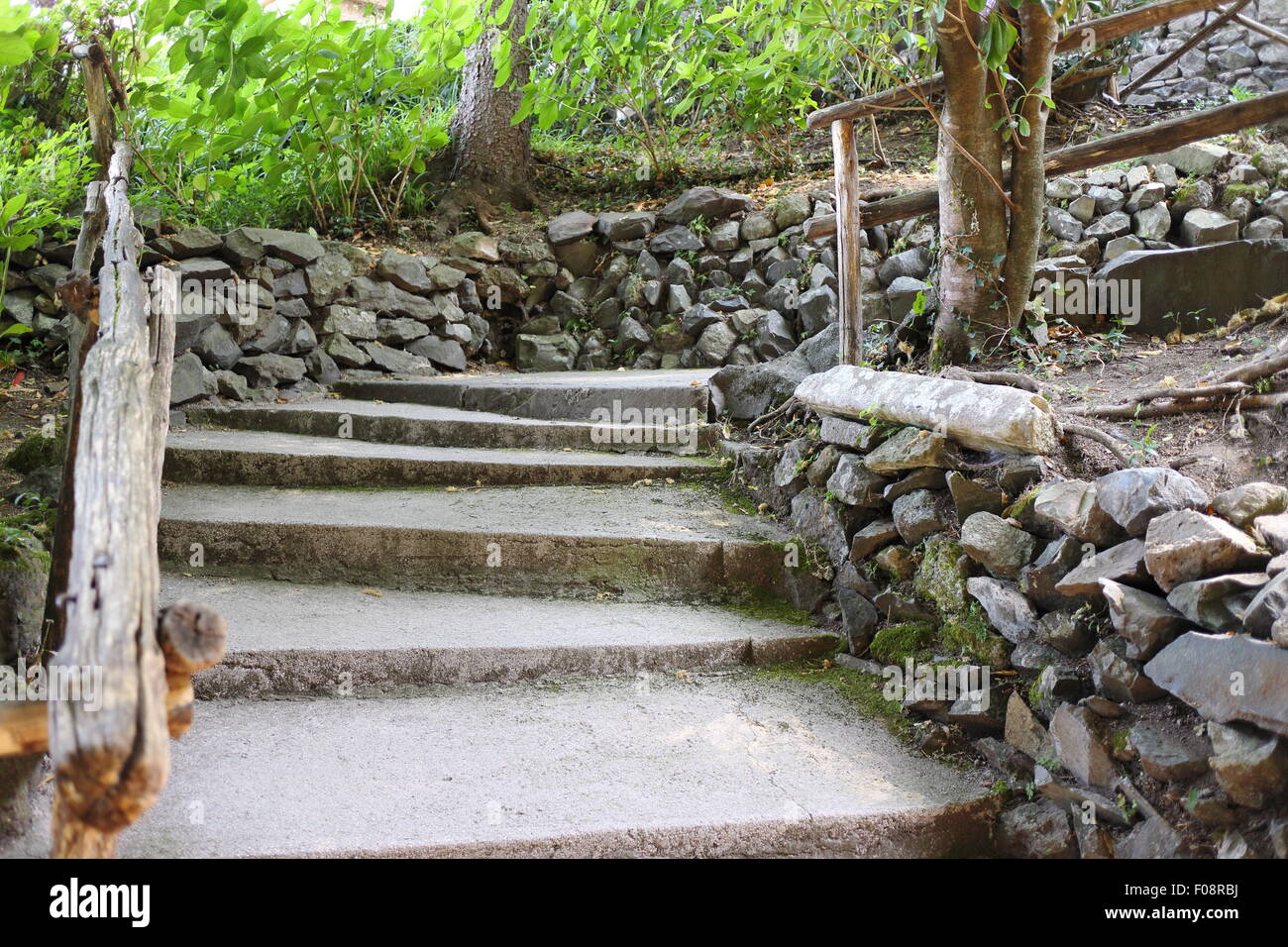 Escaliers en pierre dans un jardin. Banque D'Images