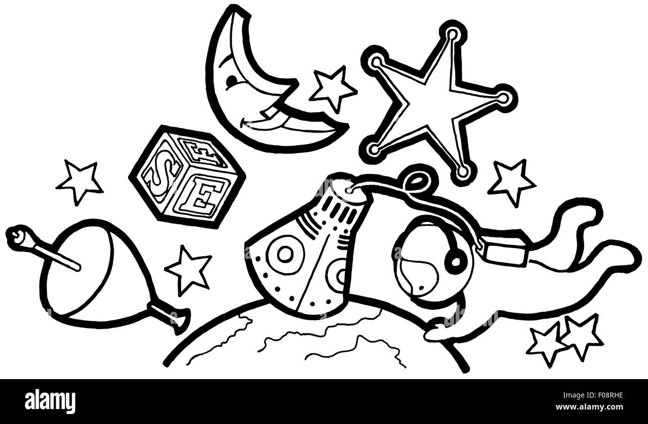 Illustration avec traits noirs fantaisie : il faut de l'espace pour les garçons et les jouets Banque D'Images