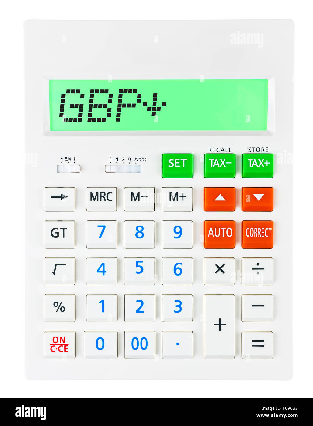 Calculatrice avec GBP sur l'affichage sur fond blanc Banque D'Images