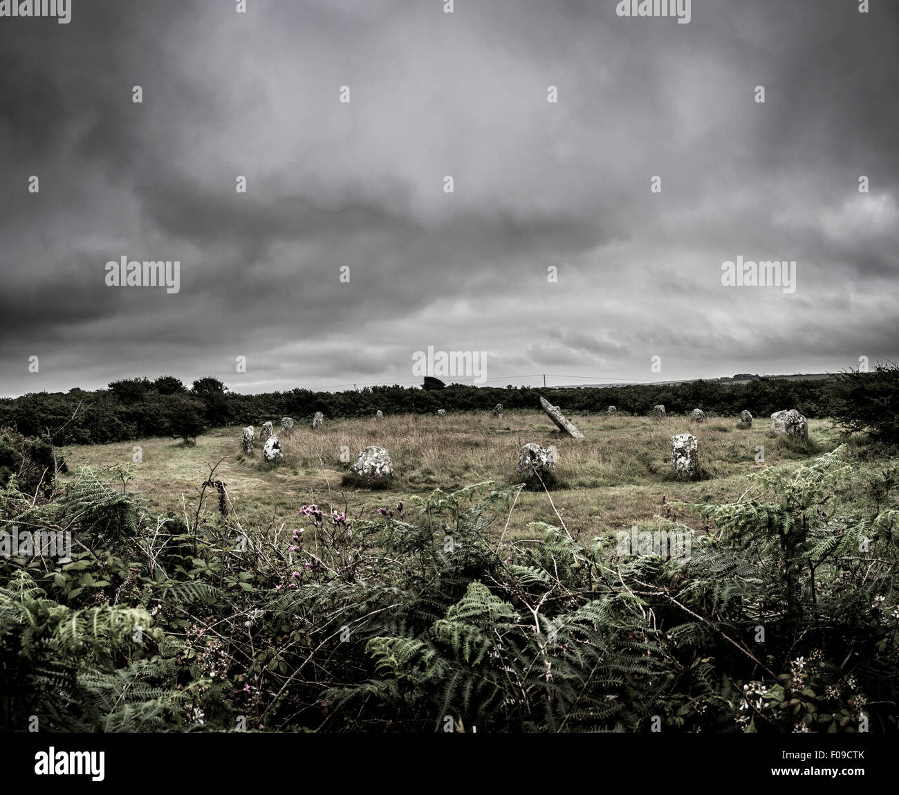 Boscawen-Un le cercle de pierre de l'âge du Bronze dans la région de Penwith, Cornwall, UK Banque D'Images