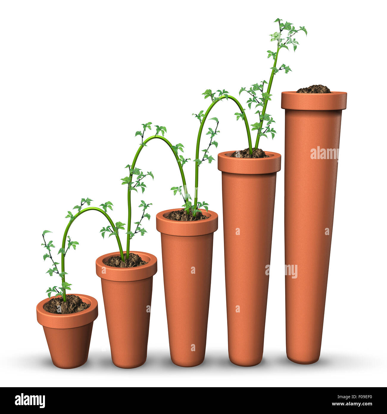 Le succès de la croissance comme un concept d'entreprise de l'usine de plus en plus l'augmentation par paliers sur gradualy des pots de fleurs comme un symbole graphique fnancial de solides profits prévision sur un fond blanc. Banque D'Images