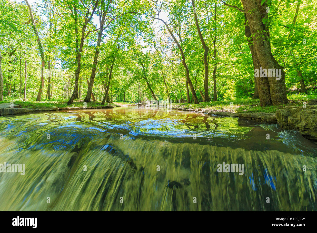 L'une des nombreuses chutes d'eau à Dogwood Park Nature Canyon près de Branson, MO., vu d'un angle inhabituel Banque D'Images