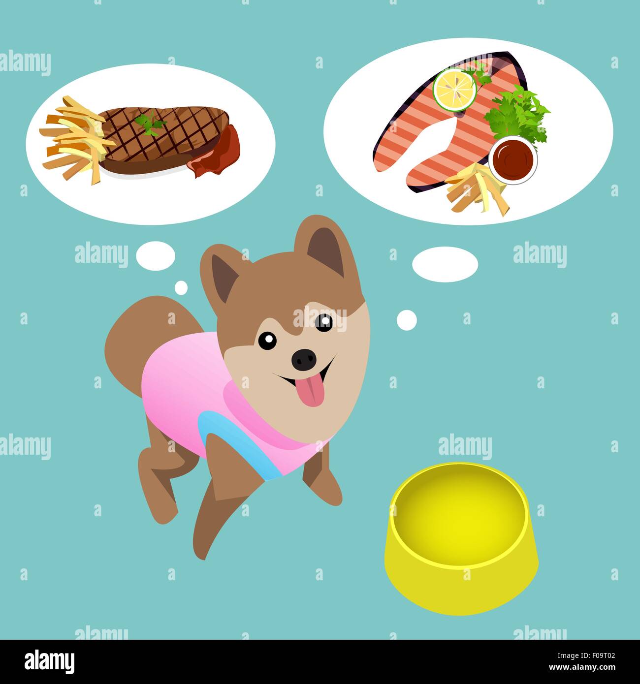 Chien Pomeranian avec bol vide veulent manger de la viande et pavé de saumon. humour abstract background. Illustration de Vecteur