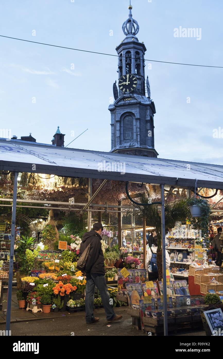 Homme marchant dans le marché aux fleurs en face de Shoreditch, Singel, Amsterdam, Pays-Bas Banque D'Images