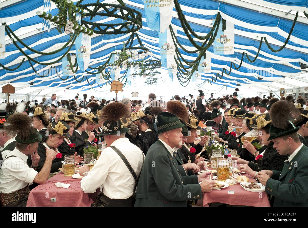 Bayer ayant la nourriture dans la tente à bière Hittenkirchen, Bavière, Allemagne Banque D'Images