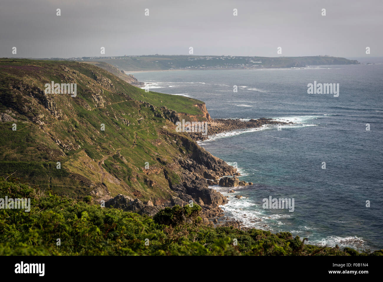 L'avis de fin des terres de Carn Glooze, Penwith, Cornwall, UK Banque D'Images