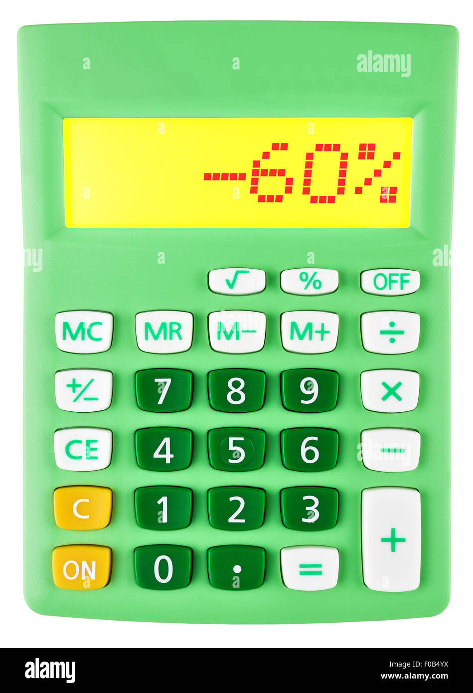 Calculatrice avec -60 sur l'affichage sur fond blanc Banque D'Images