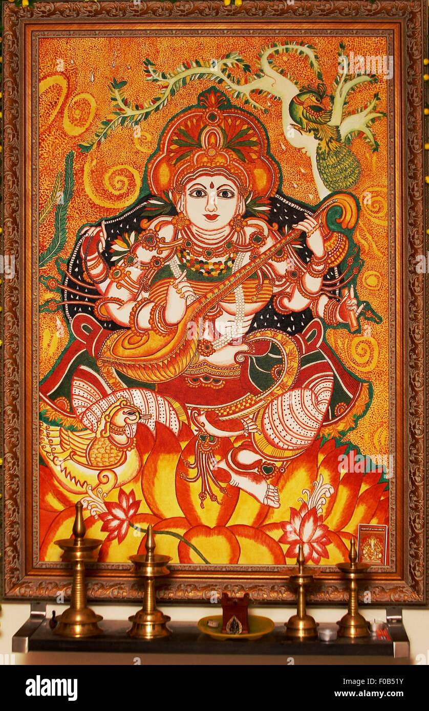 La peinture murale de déesse Saraswathy sur toile Banque D'Images