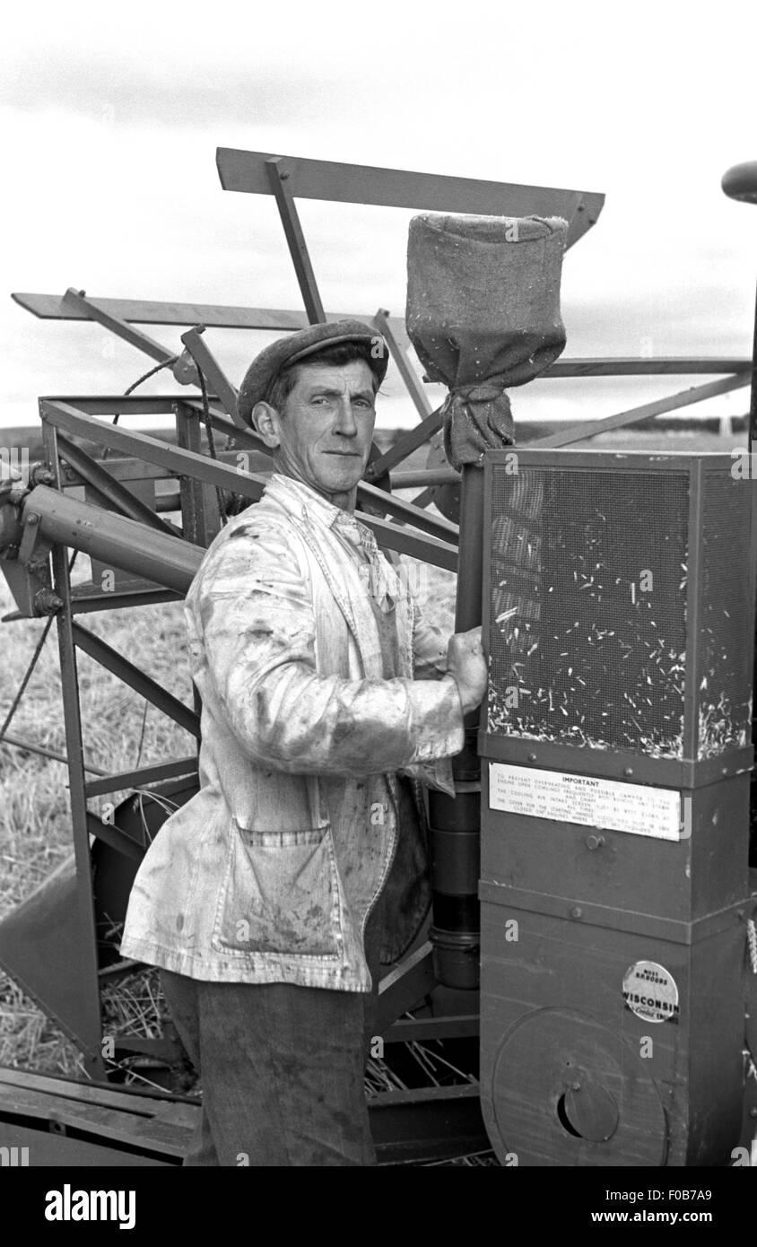 Un homme d'âge moyen tendant une moissonneuse-batteuse dans un champ. Banque D'Images