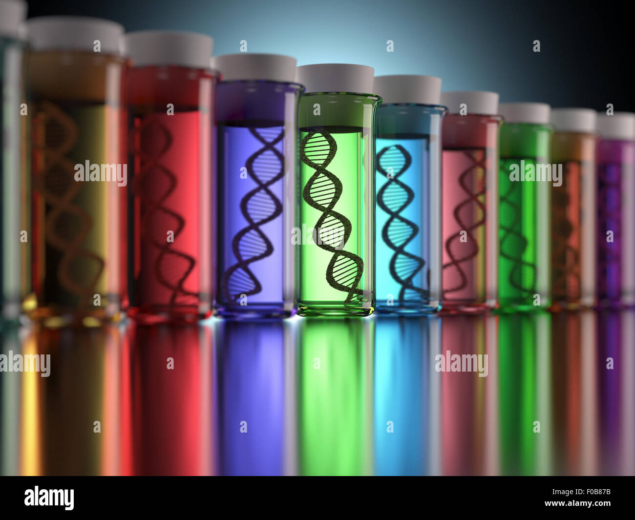 Tubes à essai de couleur avec les codes génétiques à l'intérieur. Notion de copie et modification génétique. Banque D'Images