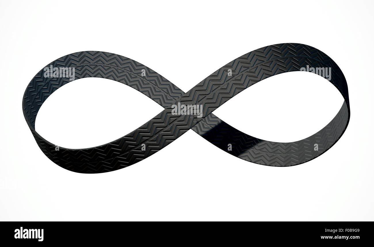 Un rendu 3D d'un symbole composé d'un ruban en caoutchouc de la bande de roulement des pneus sur un fond studio blanc isolé Banque D'Images