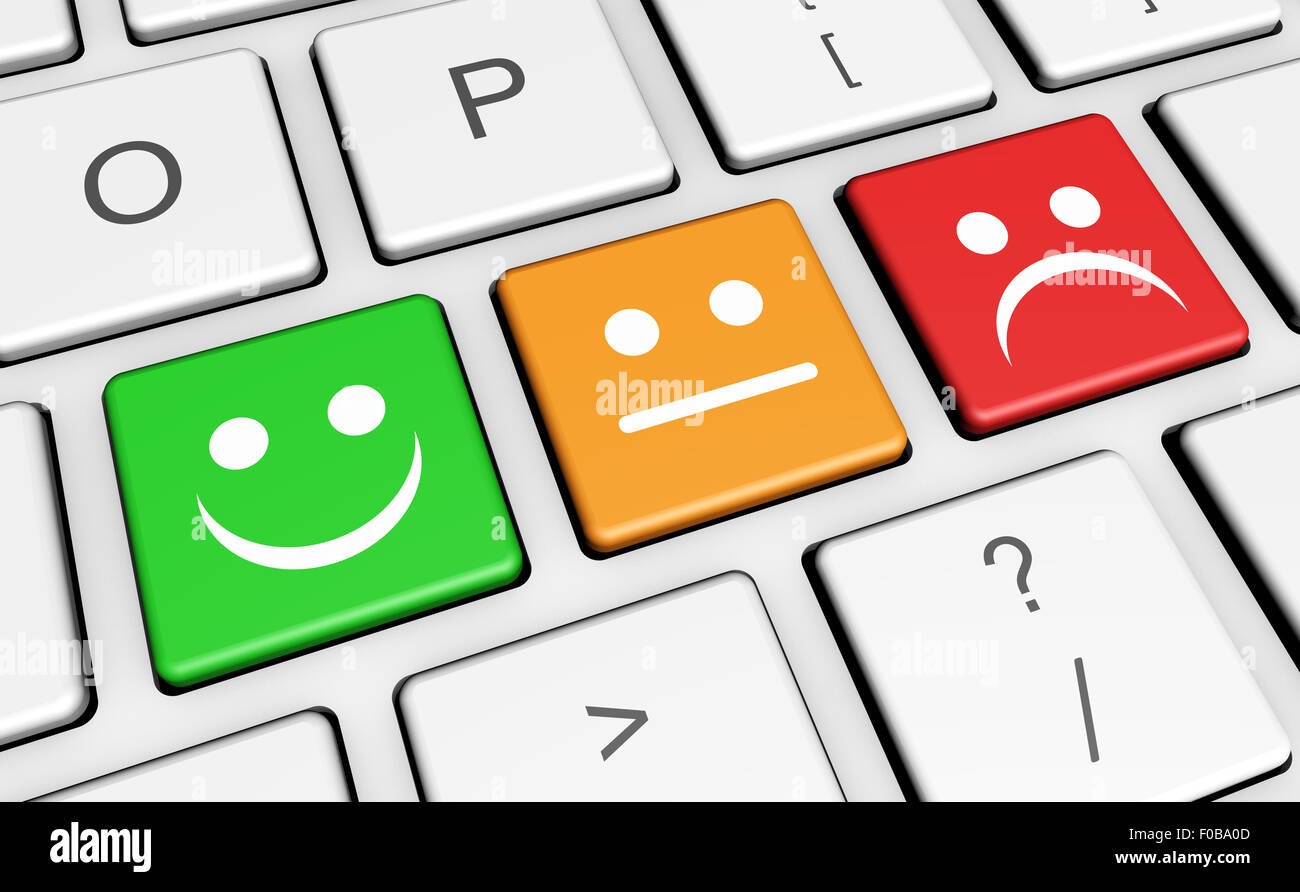 La qualité du service d'affaires, évaluation et commentaires des clients clés de l'enquête avec visage souriant symbole et icône de clavier d'ordinateur. Banque D'Images
