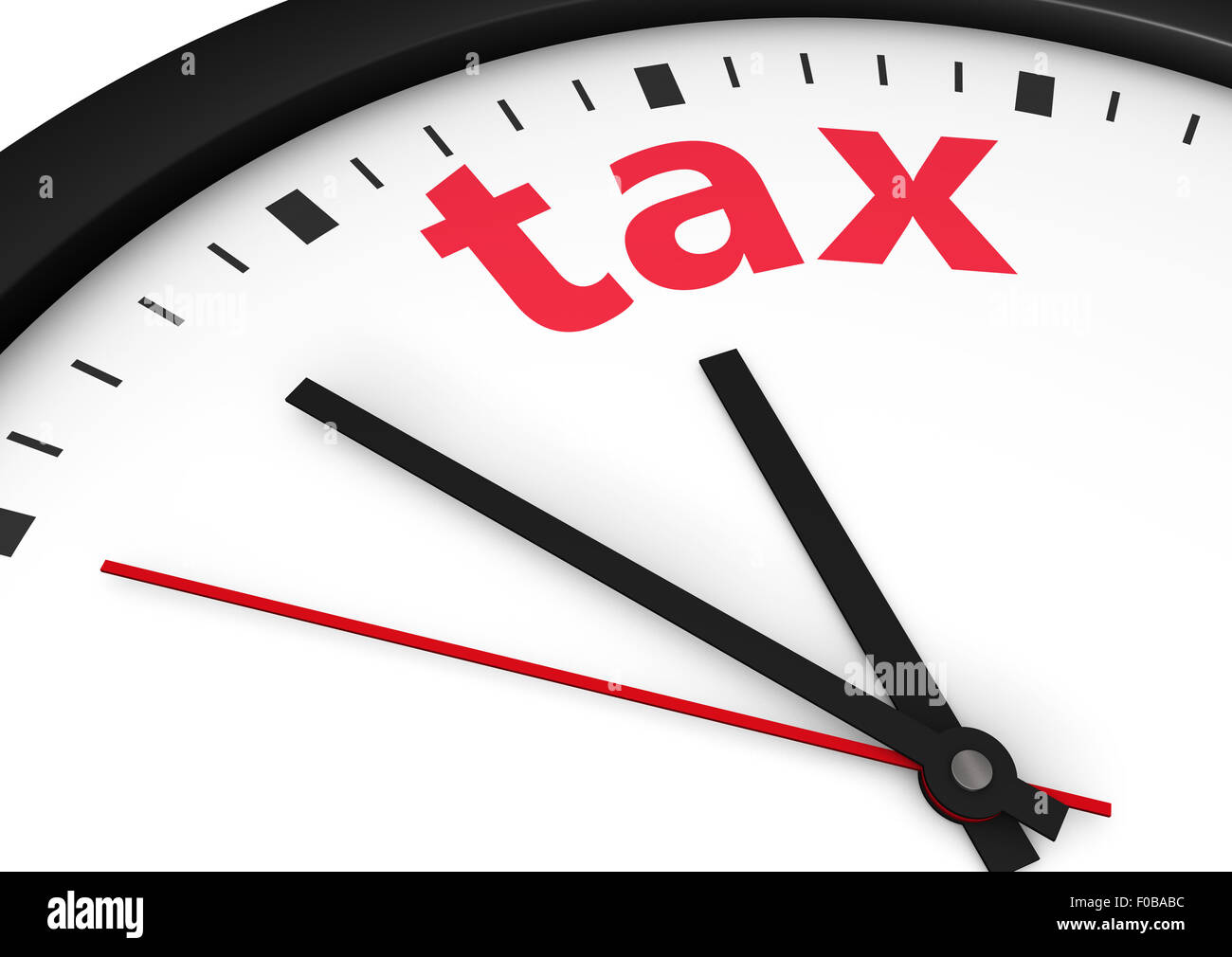 Temps d'imposition de l'image conceptuelle avec une horloge murale de l'impôt et le mot imprimé en rouge. Banque D'Images