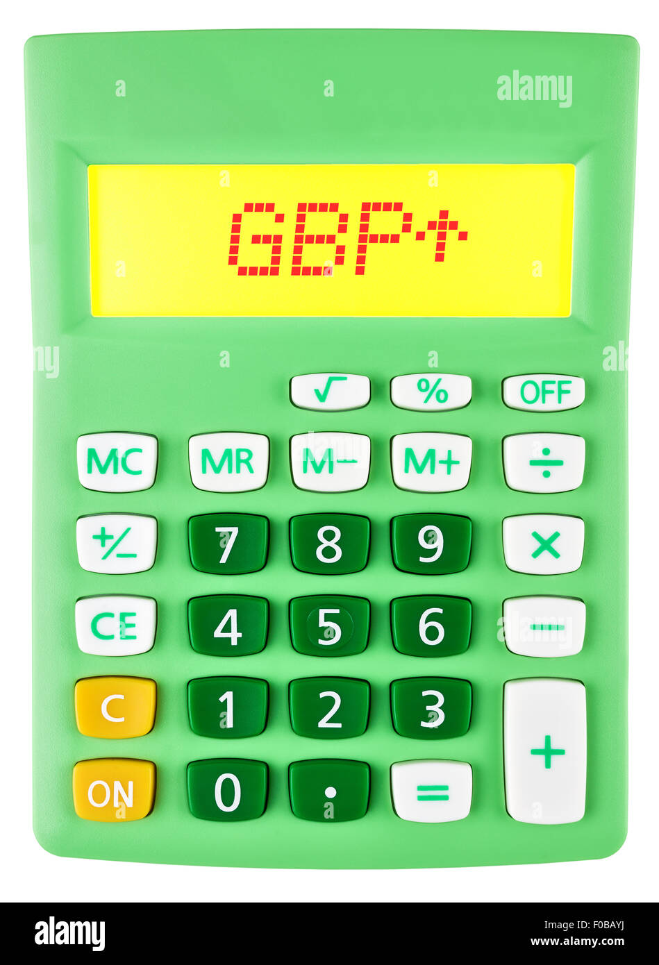 Calculatrice avec GBP sur l'affichage sur fond blanc Banque D'Images