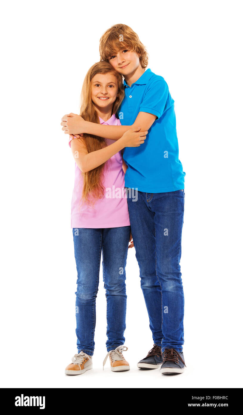 Deux enfants garçon et fille sur blanc portrait Banque D'Images