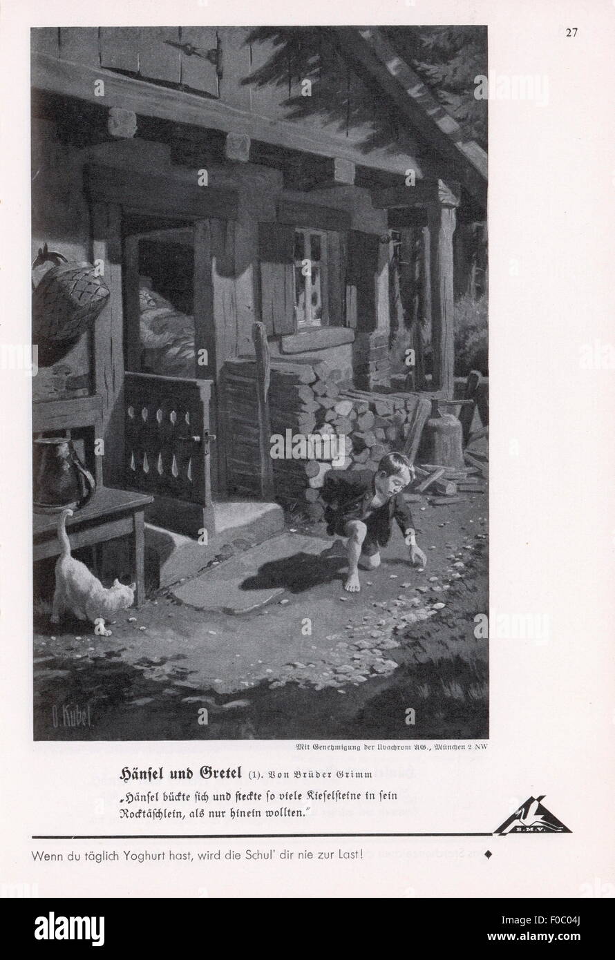 Littérature, contes de fées, frères Grimm, 'Hansel et Gretel', Hansel collecting Pebbles, illustration par Otto Kubel (1868 - 1951), de: 'Bilderatlas zu den bayerischen Lesebüchern' (Picture Atlas to the Bavarian Storybooks), 1er numéro, contes de fées, éditeur: Bayerische Milchversorgung, Munich-Fuckmann, Munich-Fürth-Fuckmann, 1930-Fuckmann, non disponible Banque D'Images