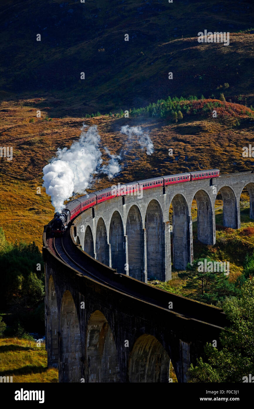 Passage du Train à vapeur jacobite, viaduc de Glenfinnan, Lochaber, Ecosse, Royaume-Uni Europe Côte Ouest des chemins de fer, route de Fort William Banque D'Images