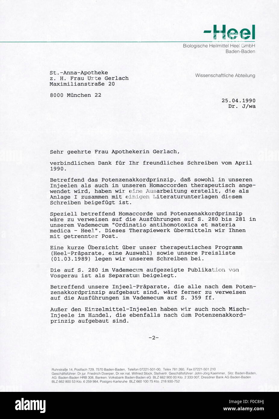 Médecine, homéopathie / allopathie, lettre de la Biologische Heilmittel Heel GmbH à la pharmacie St. Anna, Munich, sur le mode d'action de leurs composés, 25.4.1990, droits additionnels-Clearences-non disponible Banque D'Images Médecine, homéopathie / allopathie, lettre de la Biologische Heilmittel Heel GmbH à la pharmacie St. Anna, Munich, sur le mode d'action de leurs composés, 25.4.1990, droits additionnels-Clearences-non disponible Banque D'Images