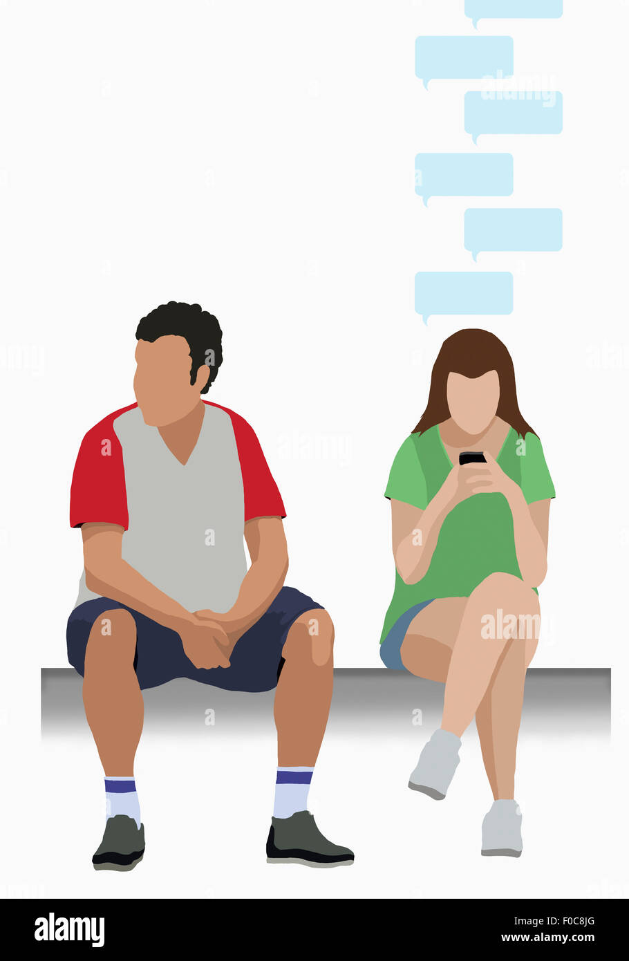 Image d'illustration de l'homme assis par woman using mobile phone Banque D'Images