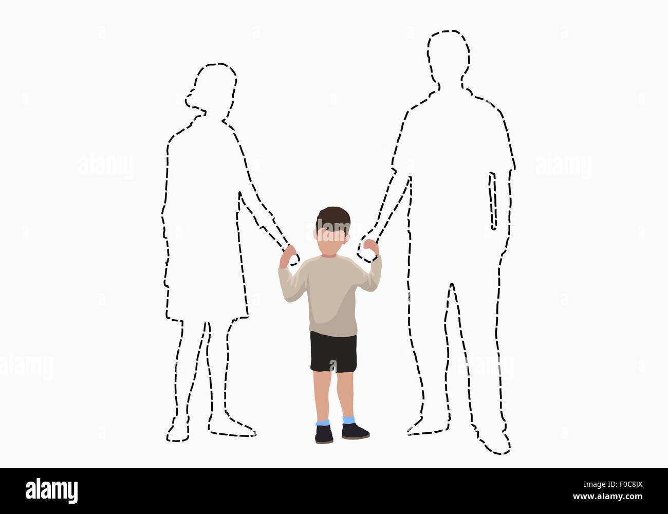 Image d'illustration de boy holding hands de parents disparus sur fond blanc Banque D'Images