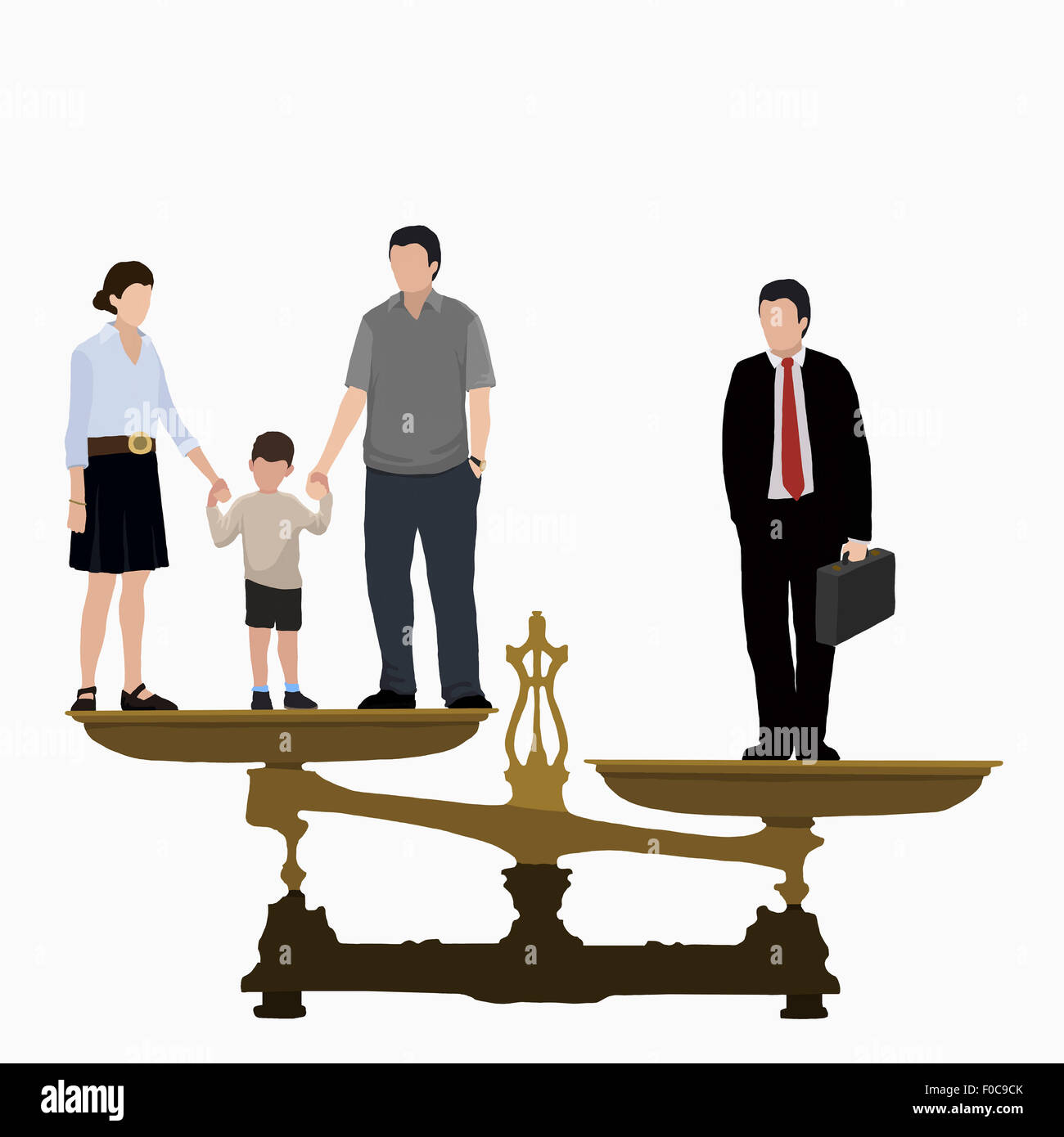Image d'illustration de l'homme d'affaires et de la famille sur l'échelle de poids Banque D'Images