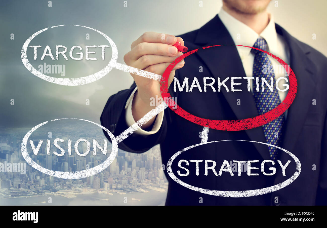 Businessman tournant autour d'une bulle marketing connectées à Target, vision et stratégie Banque D'Images