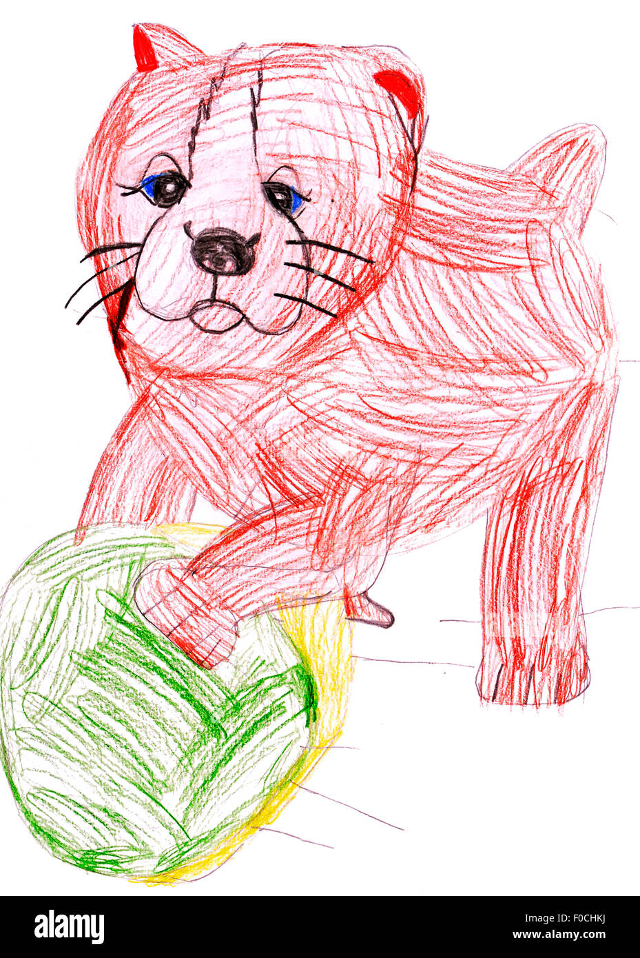 Chien et balle. dessin d'enfant. Banque D'Images